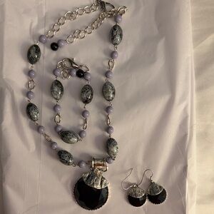Elegant Silver and Black Jewelry Set handmade plastic, stone, metal 3 piece set